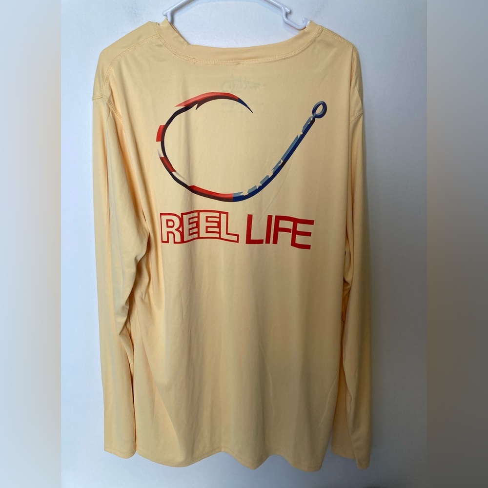 NWT Reel Life Yellow Long Sleeve Fishing Shirt, XXL, Red, White and Blue Hook.